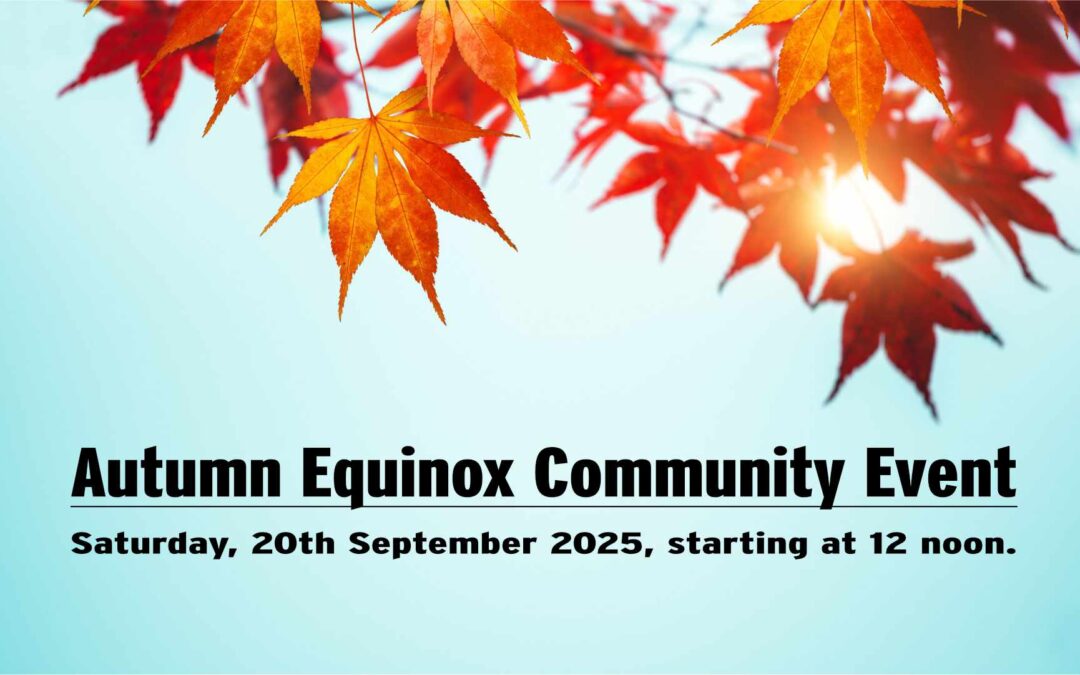 Autumn equinox event featured image of autumn leaves and blue sky.